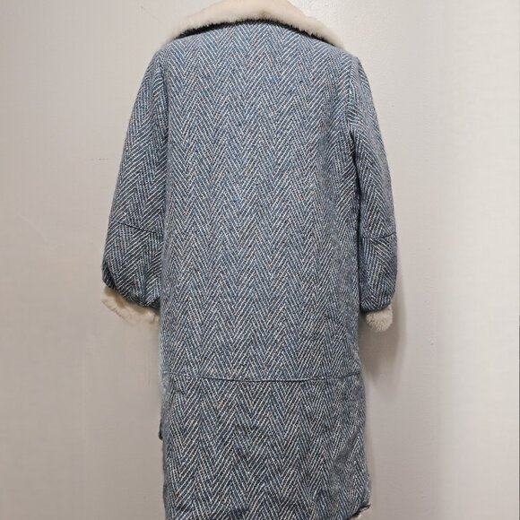 New Real Merino Sheepskin Lamb Fur Lined Wool Blend Tweed Overcoat Jacket Mink M - Picture 4 of 5